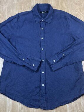 Quince Mens Deep Dark Blue 100% Linen Long Sleeve Button Up Shirt Size Large.
